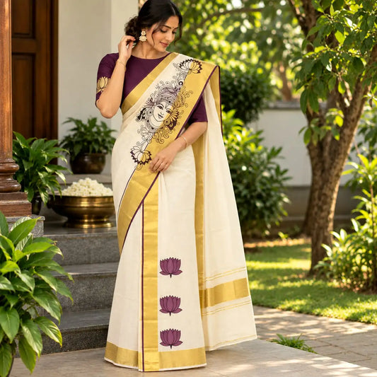 Hand-Painted Kerala Mural Set Mundu