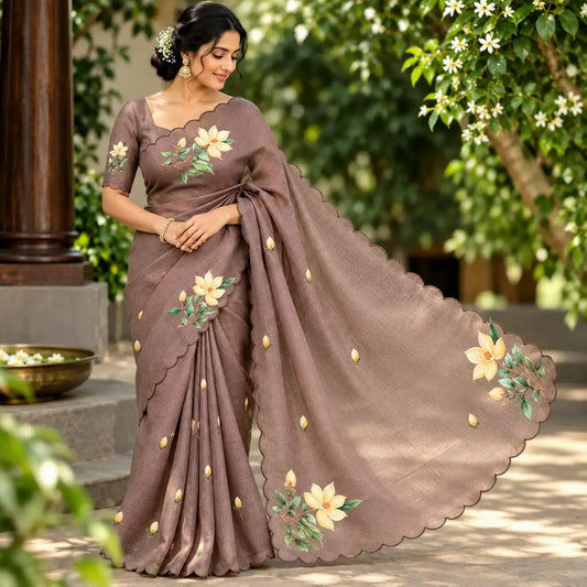 Hand-Painted Silk Kota Saree In Serene Brown Hues