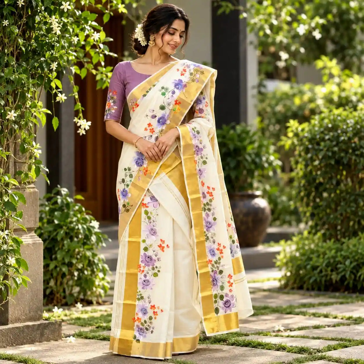 This Kasavu Set Mundu Blooms With The Charm Of Hand-Painted Wild Roses.