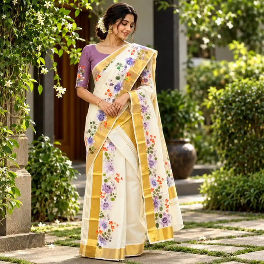 This Kasavu Set Mundu Blooms With The Charm Of Hand-Painted Wild Roses.