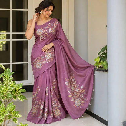 Graceful Onion Pink Uppada Silk Saree Adorned with Hand-Painted Art & Sparkling Sequin Details