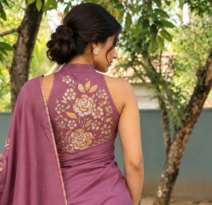 Graceful Onion Pink Uppada Silk Saree Adorned with Hand-Painted Art & Sparkling Sequin Details