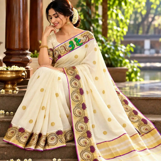 Exquisite Hand-Painted Kerala Kasavu Saree With Thanjavur Painting Inspired Border