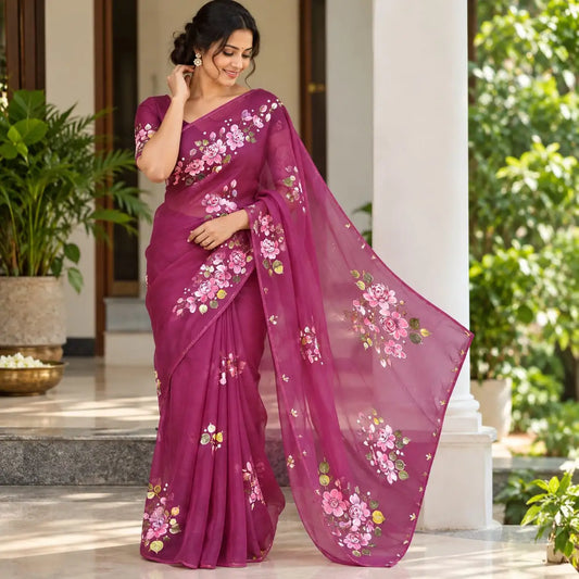 Gorgeous Hand-Painted And Hand Embroidered Silk Organza Saree.