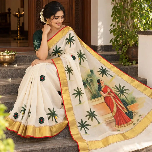 Kerala Saree With Timeless Ravi Varma Art, Red Edges, Scalloped Pallu And Beadwork