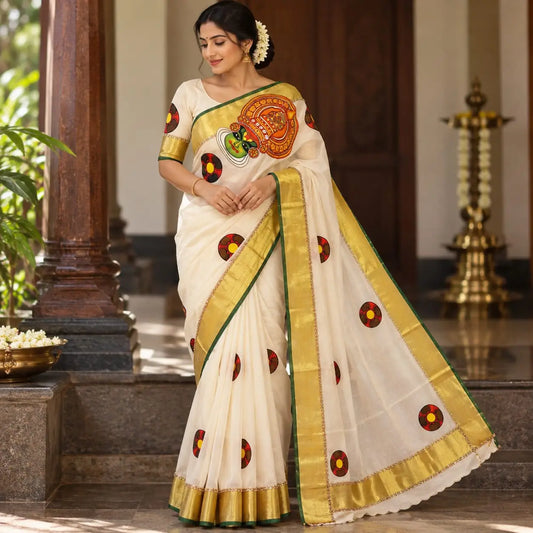 Traditional Kathakali Motif Hand-Painted on Kerala Saree