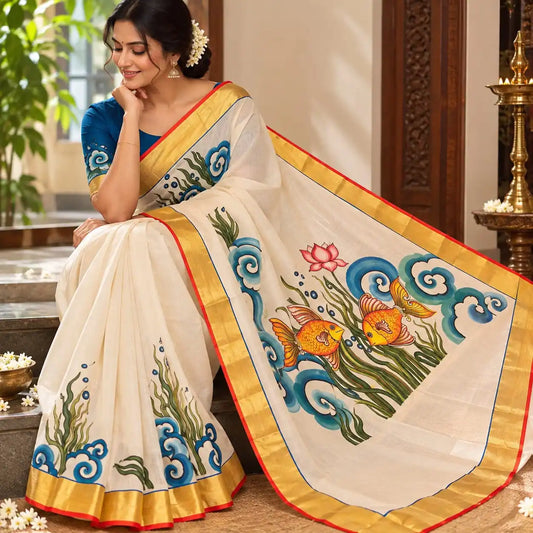 Mural Style Aquatic Life Painted on Kerala Saree