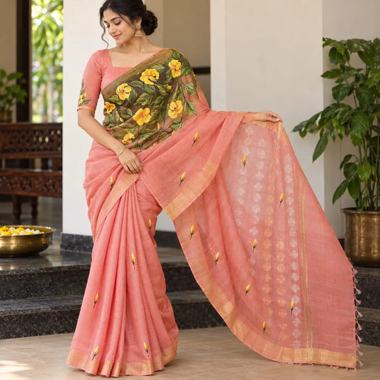 Pretty Peach Hand-Painted Cotton Organza Weave Saree