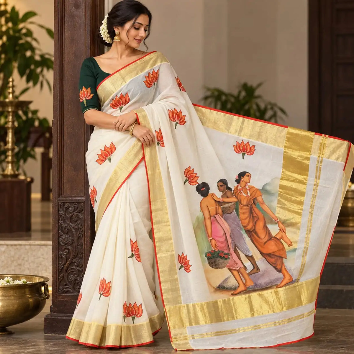 Hand-painted Kerala saree featuring Ravi Varma artwork