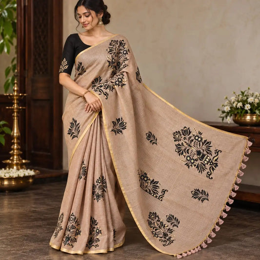 Exclusive Hand-painted Linen Saree with Blouse piece