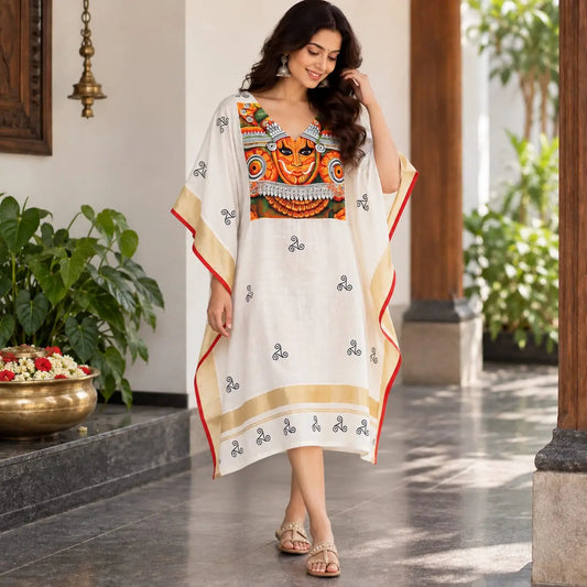 Hand- Painted Semi Stitched Kaftan in Theyyam Motif