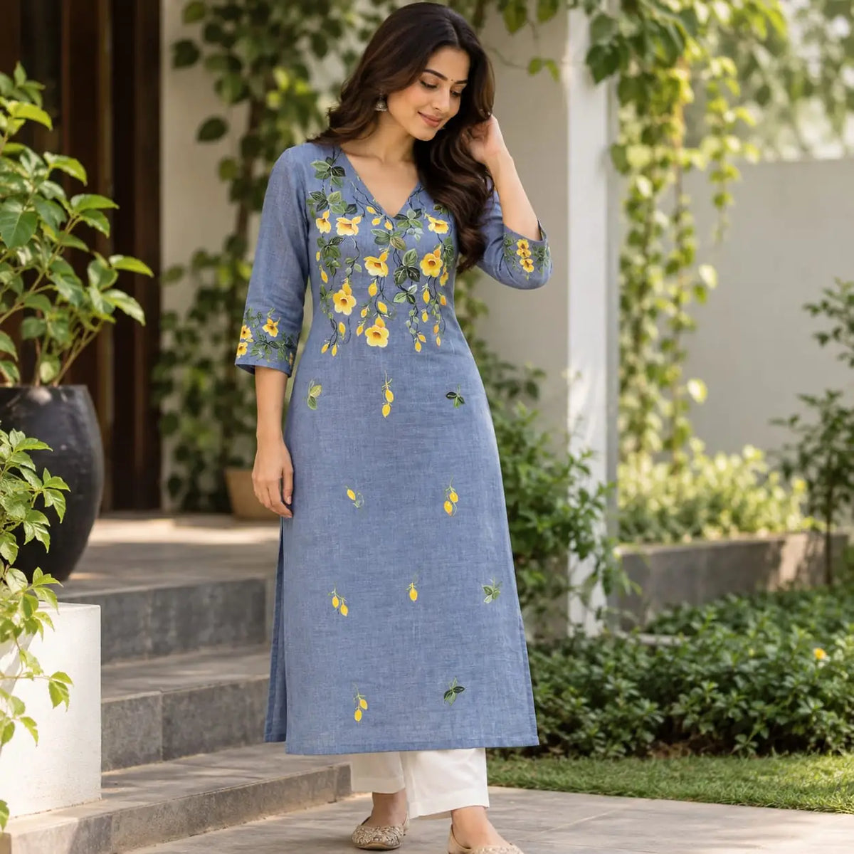 Pretty Floral-Themed Handpainted Linen-Cotton Kurti Material
