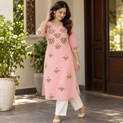 Pure Cotton Kurti Fabric Brought To Life With Wildflower Hand-Painting