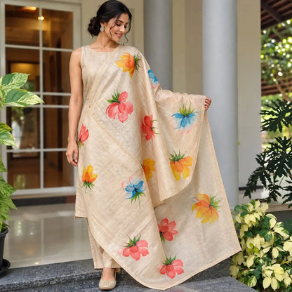 Hand-Painted Dupatta In Tusser Silk elegance