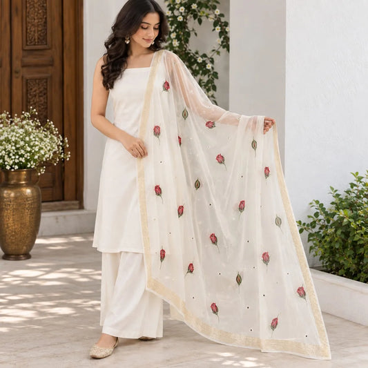 Rosebuds painted on Organza Dupatta