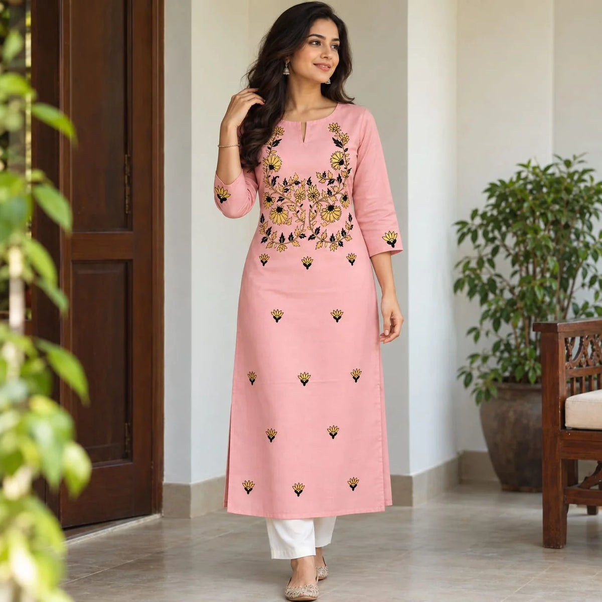 Peach Blush Cotton Kurti With Hand-Painted Detailing