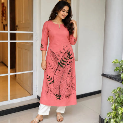 Breathable Pure Cotton Kurti With Graceful Hand-Drawn Line Art Accents