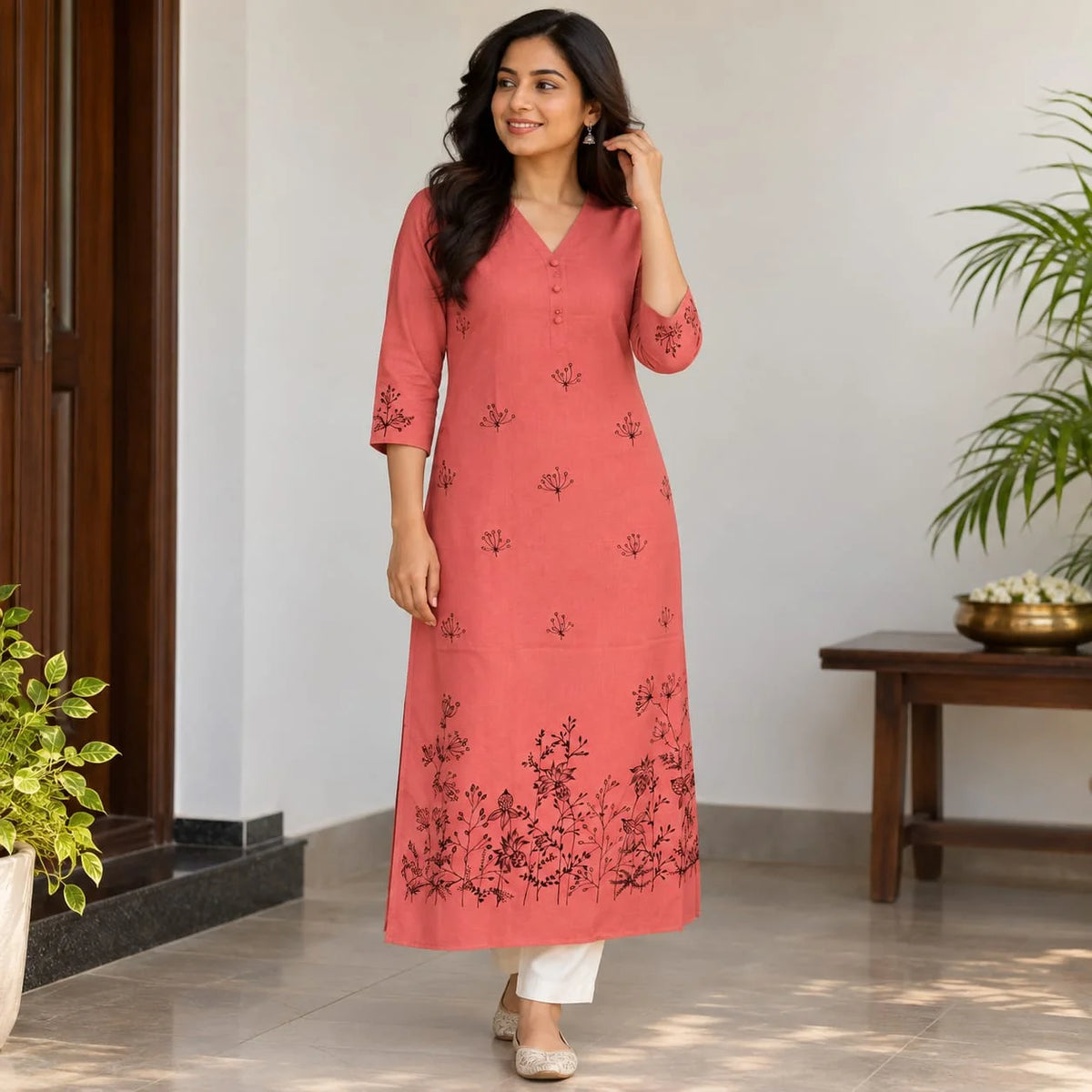 Elegant Hand-Painted Pure Cotton Kurti Featuring Delicate Line-Art Design.