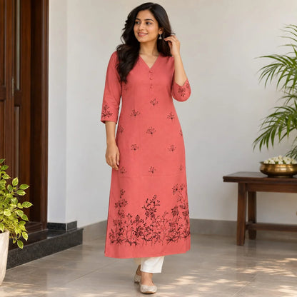 Elegant Hand-Painted Pure Cotton Kurti Featuring Delicate Line-Art Design.