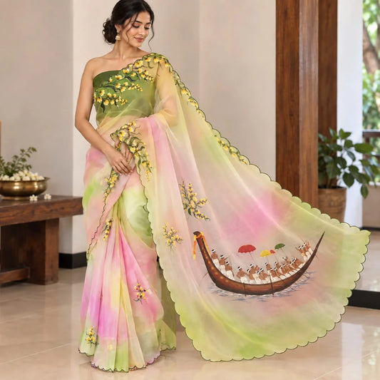 Boat Race Motif Hand-Painted And [Hand Dyed] Organza Saree