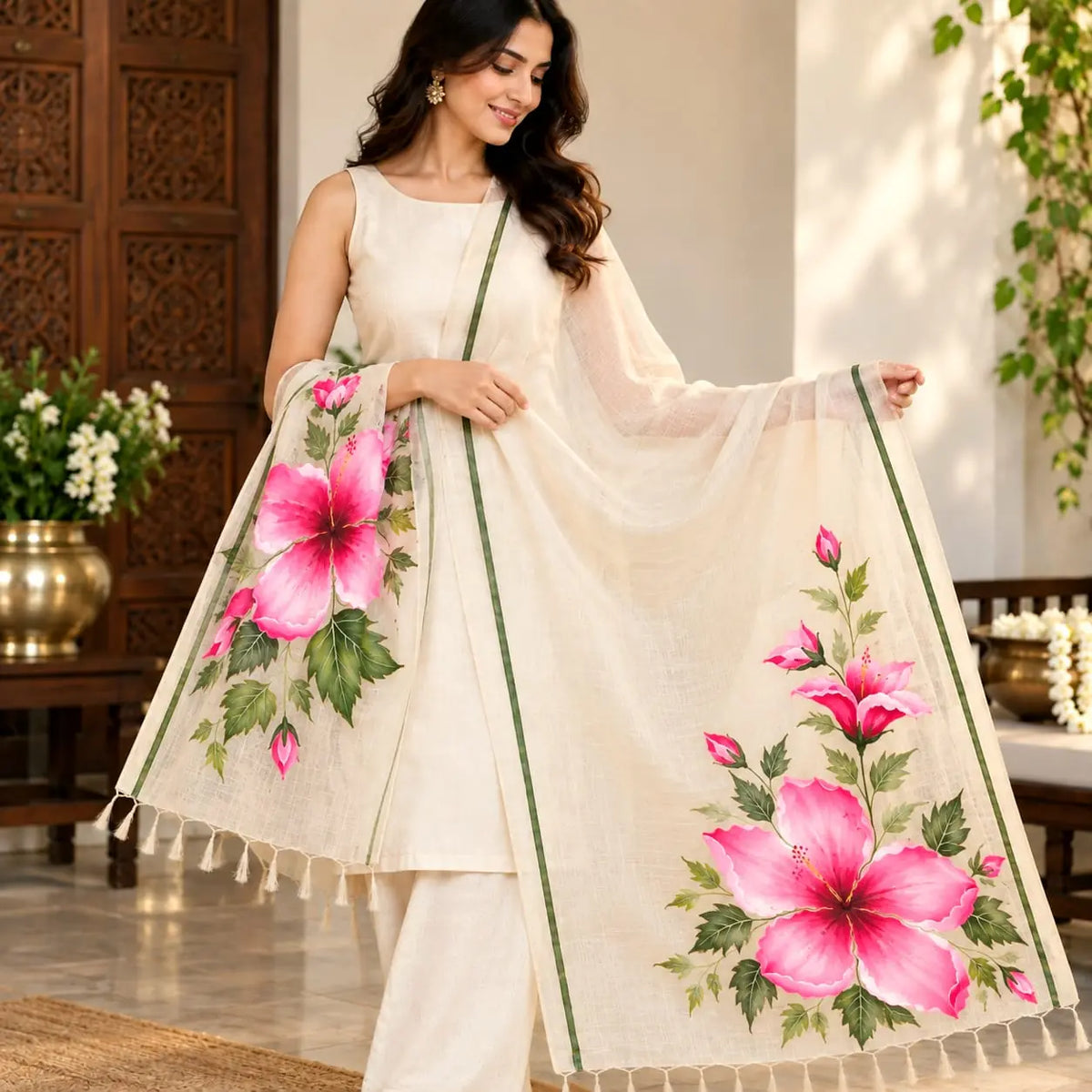 Gorgeous Hand-Painted Tusser Silk Dupatta