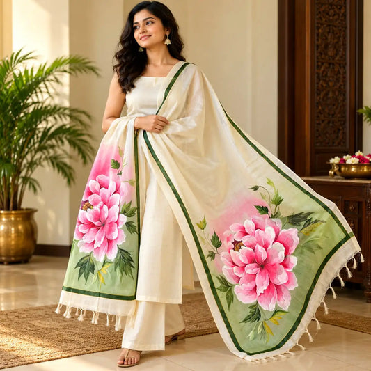 Peonies Hand-Painted On Pure Tusssar Silk Dupatta