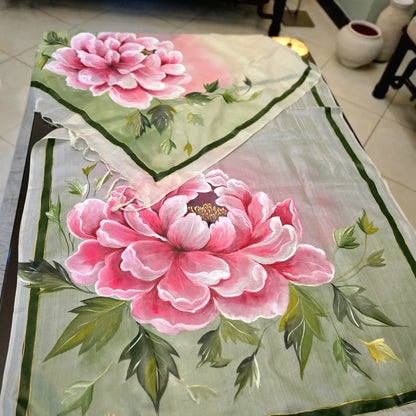 Peonies Hand-Painted On Pure Tusssar Silk Dupatta
