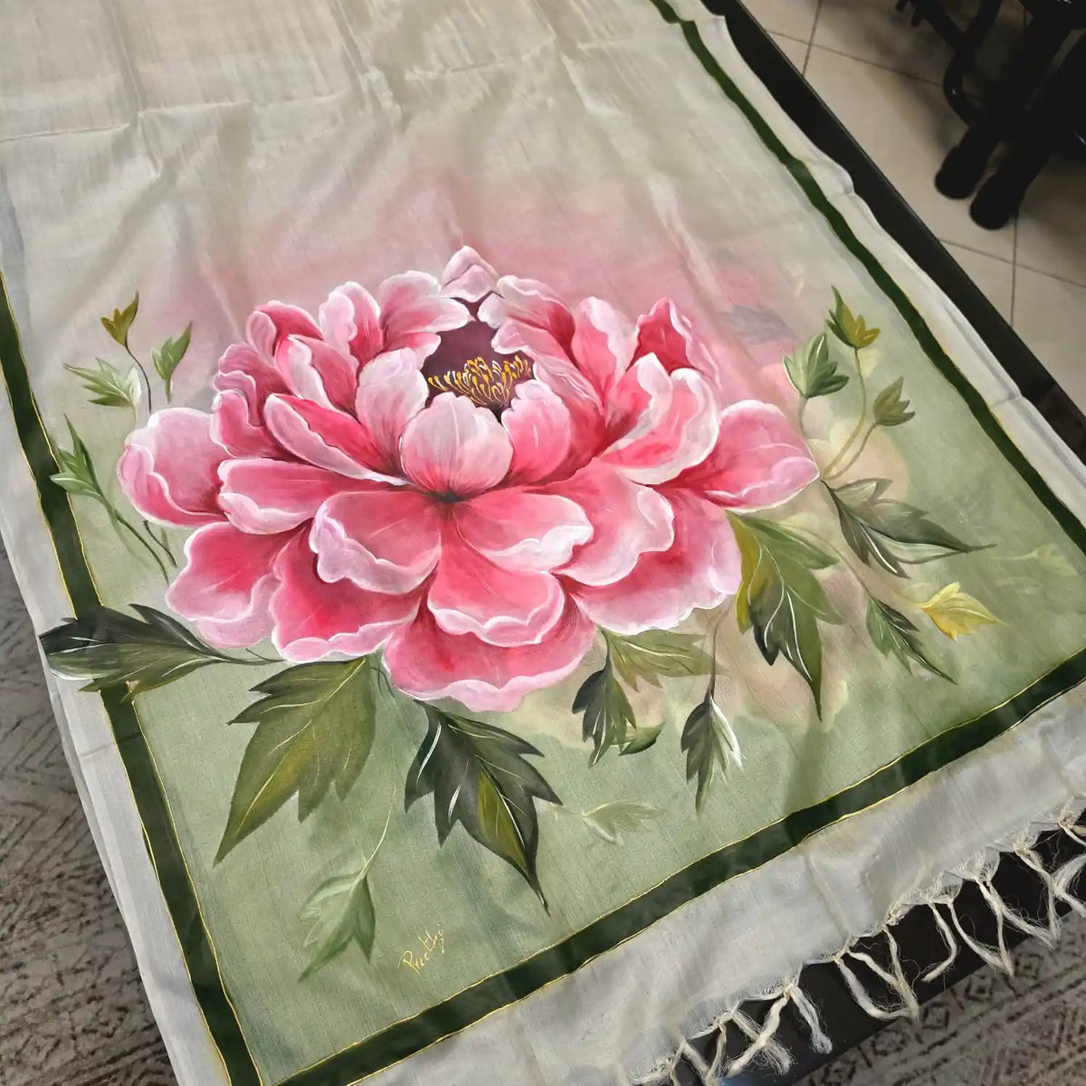 Peonies Hand-Painted On Pure Tusssar Silk Dupatta