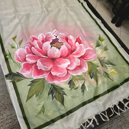 Peonies Hand-Painted On Pure Tusssar Silk Dupatta