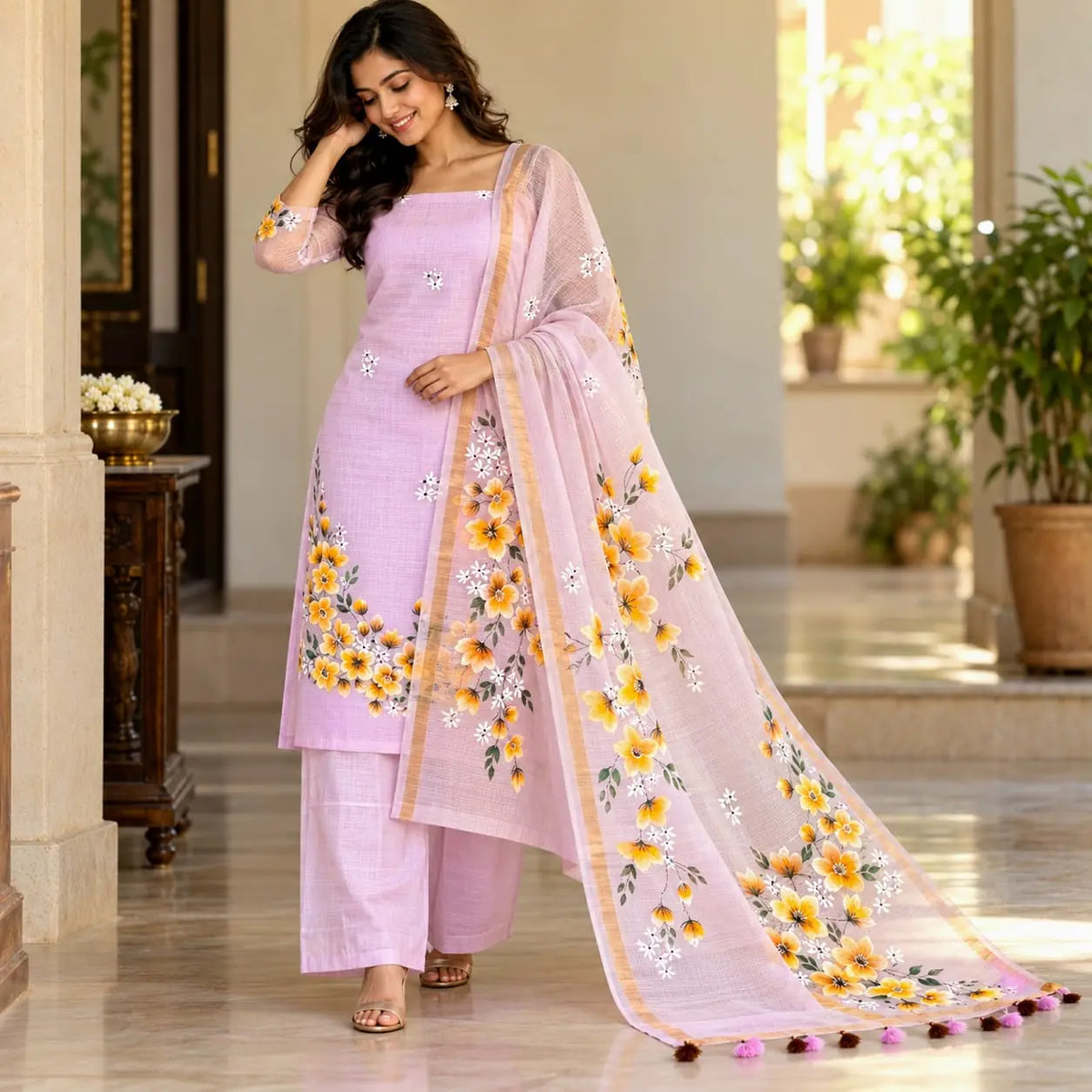 Elegant Hand-Painted Kurti Set In Kota Doria Fabric