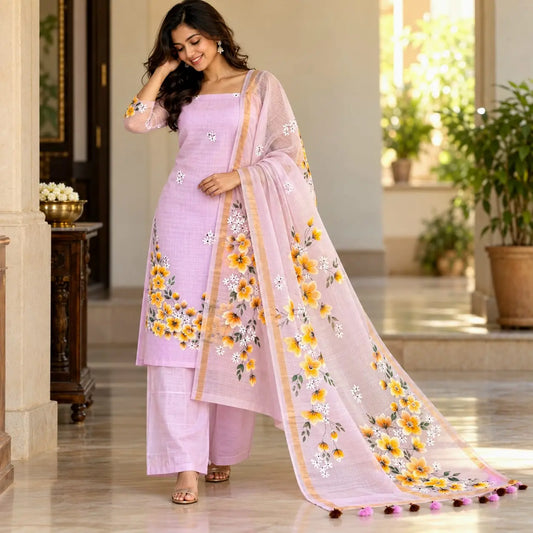 Elegant Hand-Painted Kurti Set In Kota Doria Fabric