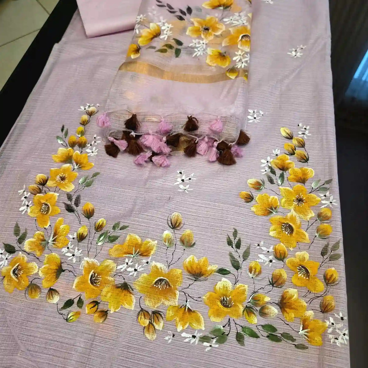 Elegant Hand-Painted Kurti Set In Kota Doria Fabric