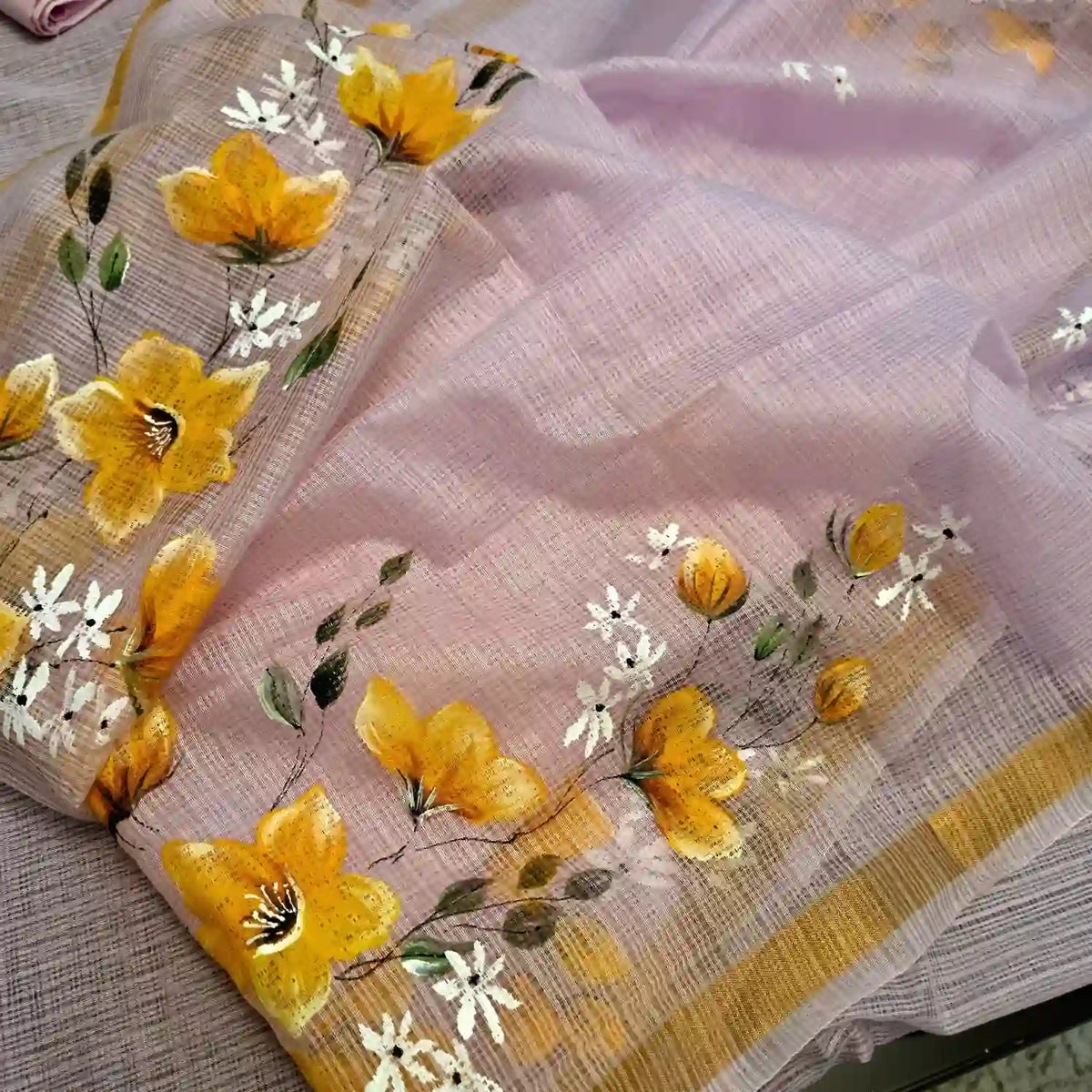 Elegant Hand-Painted Kurti Set In Kota Doria Fabric