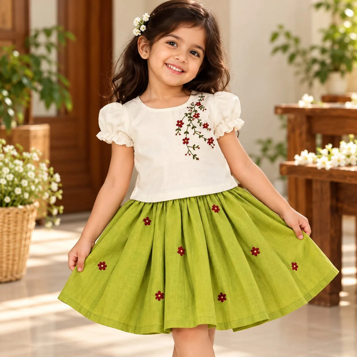 Charming Raw Silk Skirt/Top Hand-Embroidered With Love [3-4 Yrs]