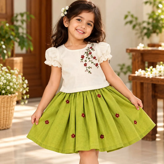 Charming Raw Silk Skirt/Top Hand-Embroidered With Love [3-4 Yrs]