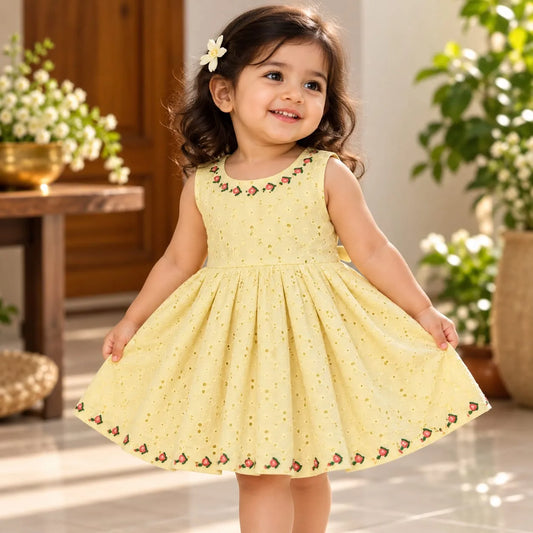 Pastel Yellow Hand Embroidered Hakoba Frock