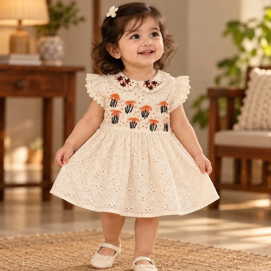 Elegant Pure Cotton Hakoba Frock Adorned with Delicate Hand Embroidery