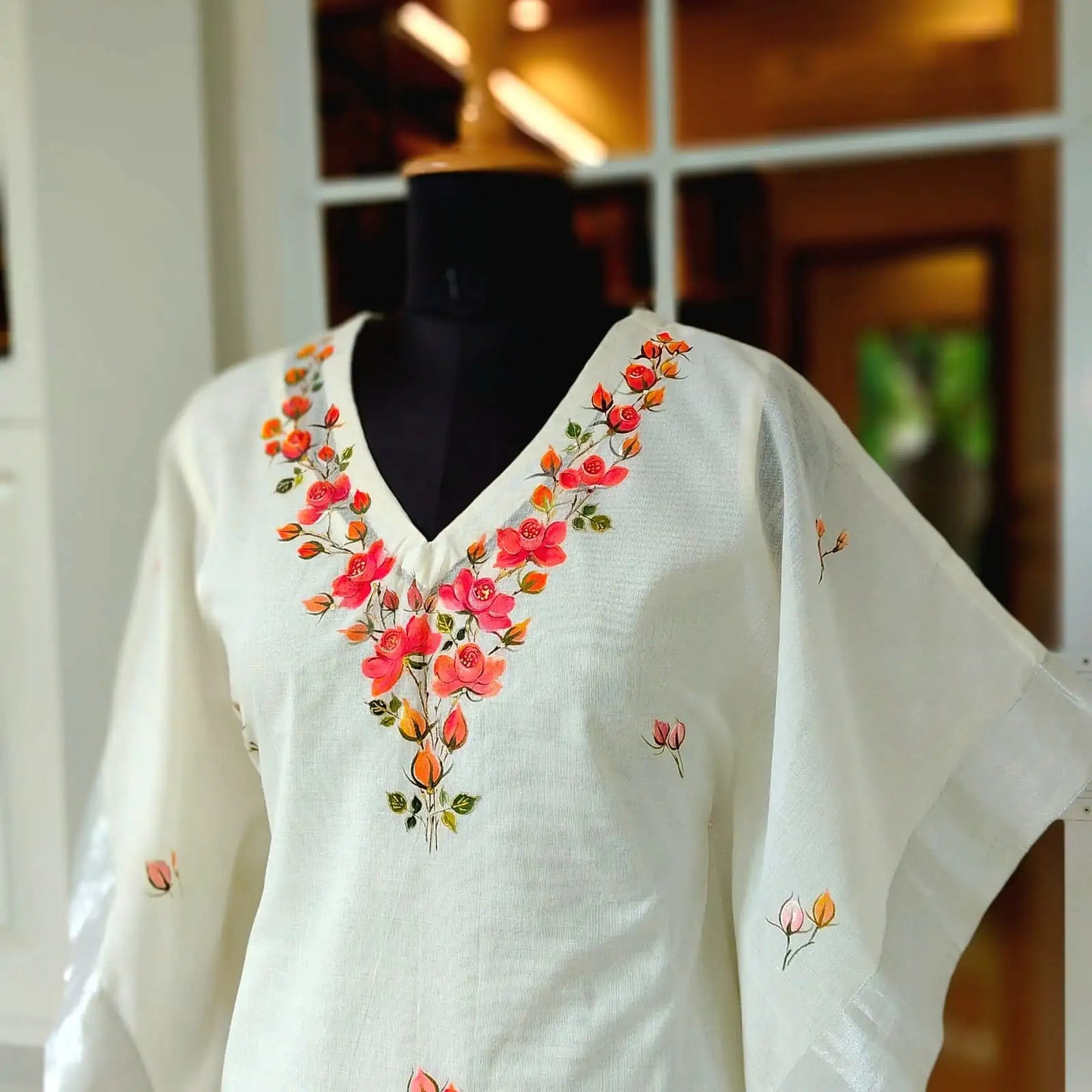 Long Kaftan Hand-Painted with Pretty wild Roses