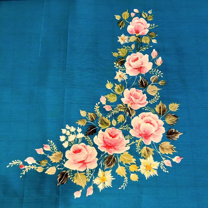 Designer Hand-Painted Blouse Piece with Enchanting Floral Accents
