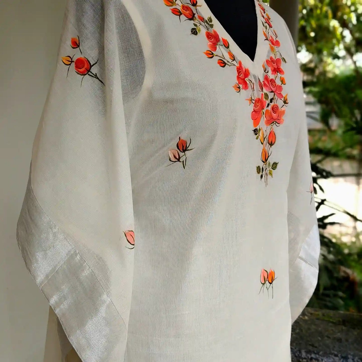Long Kaftan Hand-Painted with Pretty wild Roses