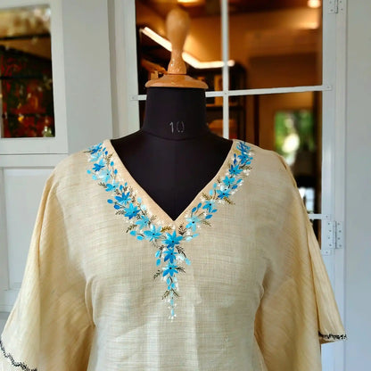 Hand-Painted Short Kaftan In Khadi Cotton