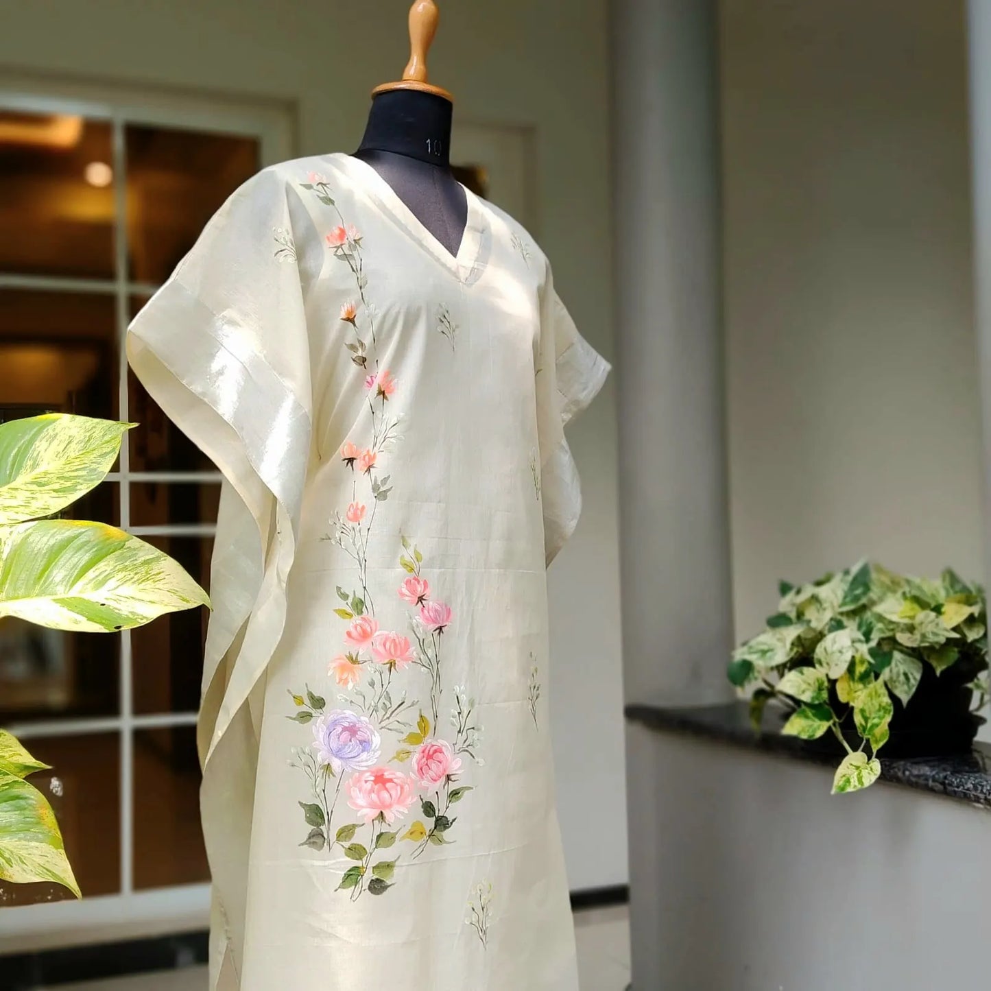 Hand-Painted Long Kaftan In Kerala Cotton Fabric